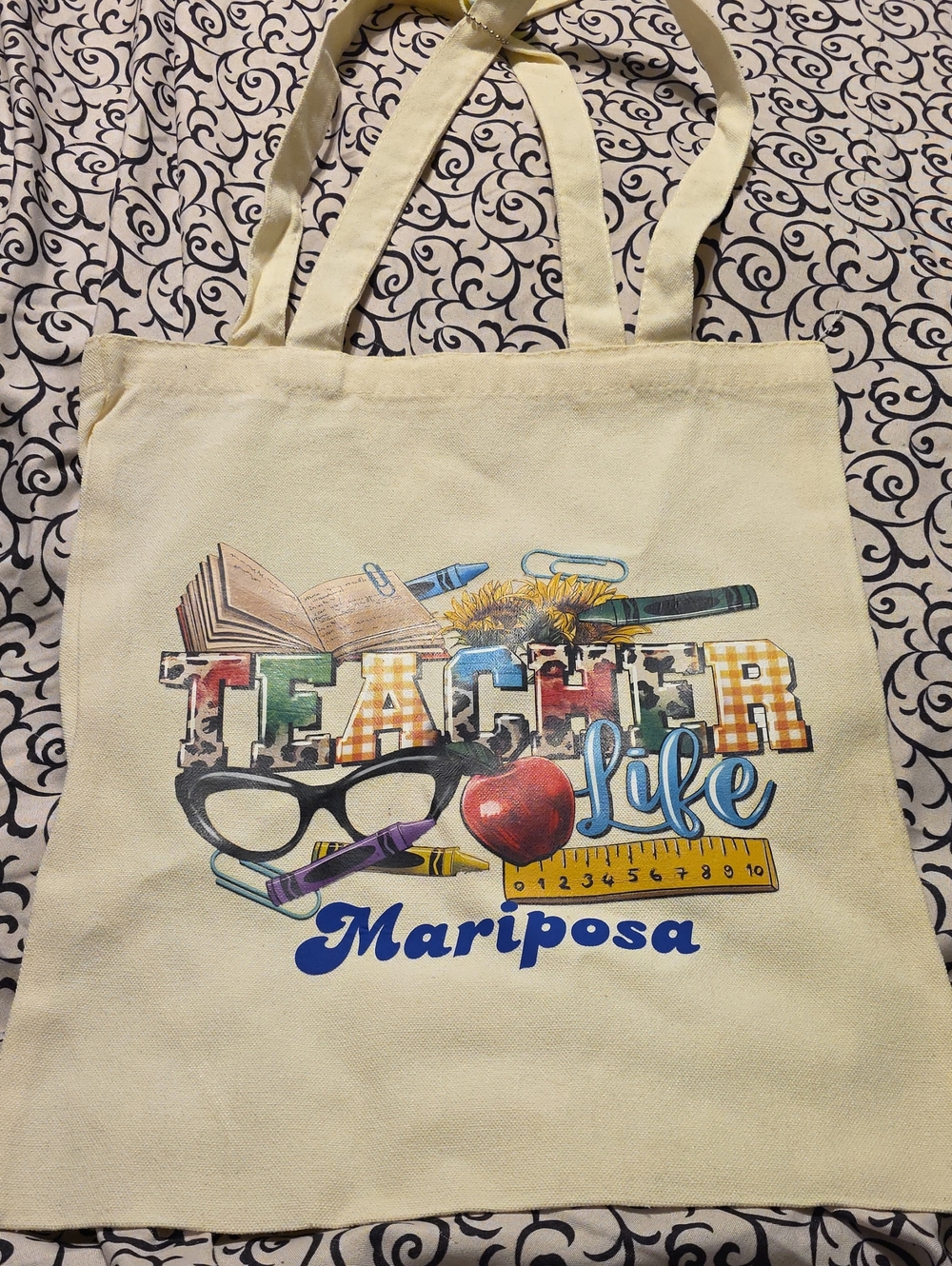 Mariposa Teacher Life Canvas Tote Bag in Cream 14x14.5 Extra Pouch 7x5"